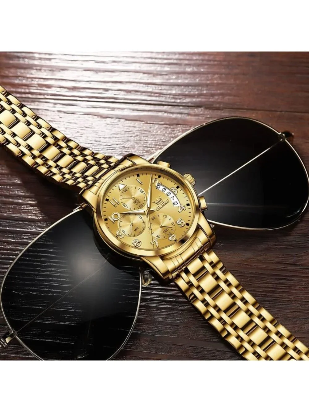 Men's Gold Face/Gold Band Stainless Steel Chronograph Waterproof Wrist Watch